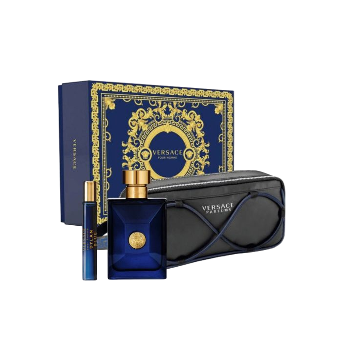 Versace pour Homme Dylan Blue perfume set with blue bottle, black pouch, and gold accents on a white background