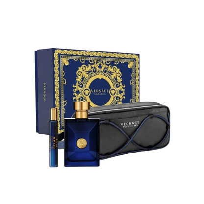 Versace pour Homme Dylan Blue perfume set with blue bottle, black pouch, and gold accents on a white background