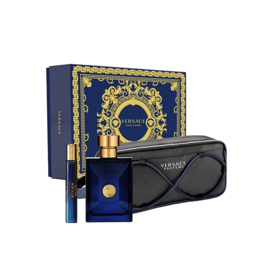 Versace pour Homme Dylan Blue perfume set with blue bottle, black pouch, and gold accents on a white background