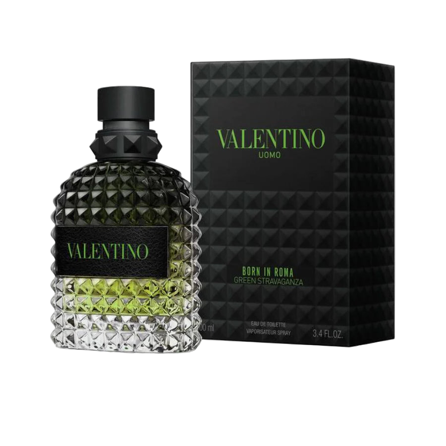 Valentino Uomo Born In Roma Green Stravaganza perfume bottle and packaging on a white background