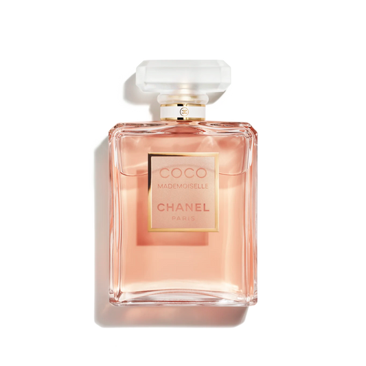 Chanel Coco Mademoiselle perfume bottle on a white background