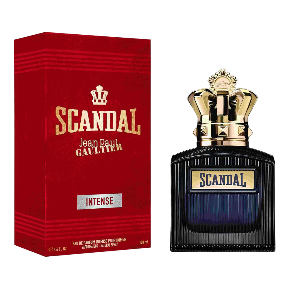 Scandal perfume bottle and packaging branded 'Jean Paul Gaultier' on a white background
