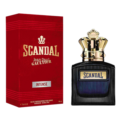 Scandal perfume bottle and packaging branded 'Jean Paul Gaultier' on a white background