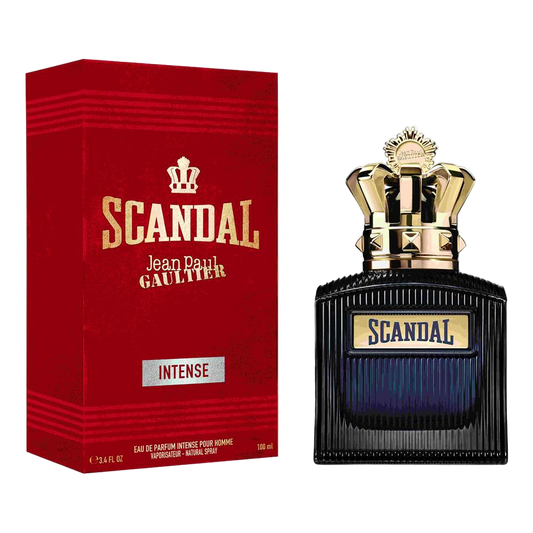 Scandal perfume bottle and packaging branded 'Jean Paul Gaultier' on a white background