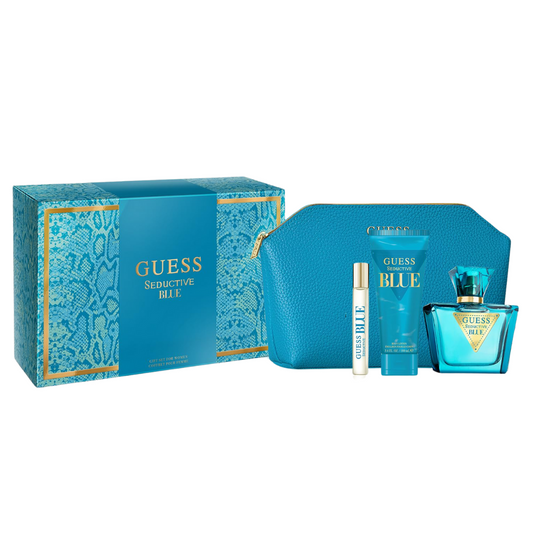 Guess Seductive Blue perfume set with blue packaging on a white background
