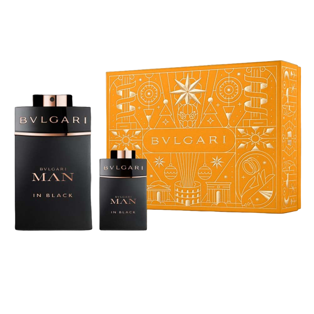 Bulgari Man in Black perfume set with black bottles and an orange decorative box on a white background