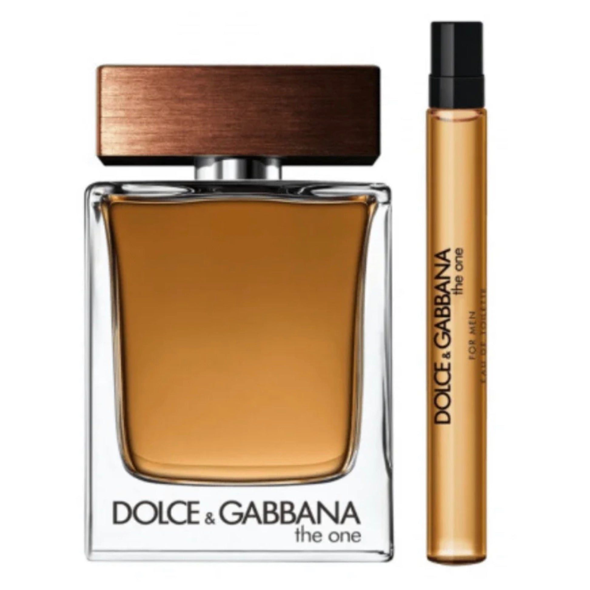 Dolce & Gabbana the one perfume set with a larger bottle and a smaller travel-sized version on a white background.