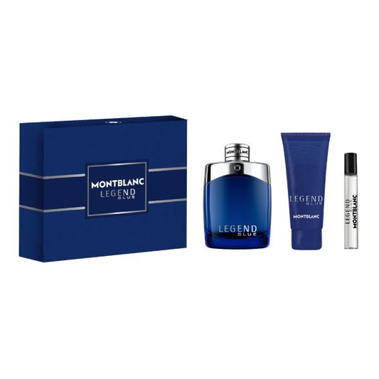 Montblanc Legend Blue perfume set on a white background