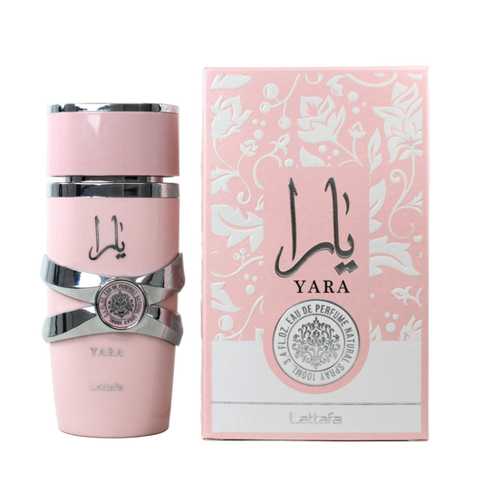 Lattafa Yara Pink perfume bottle with silver accents and matching box featuring 'Yara' branding on a white background.