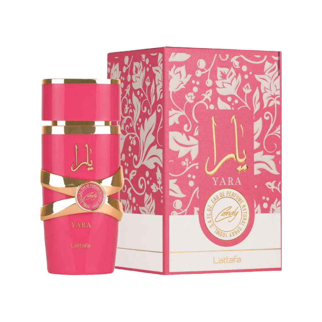 Lattafa Yara Candy Pink perfume bottle and packaging with 'Yara' branding on a white background