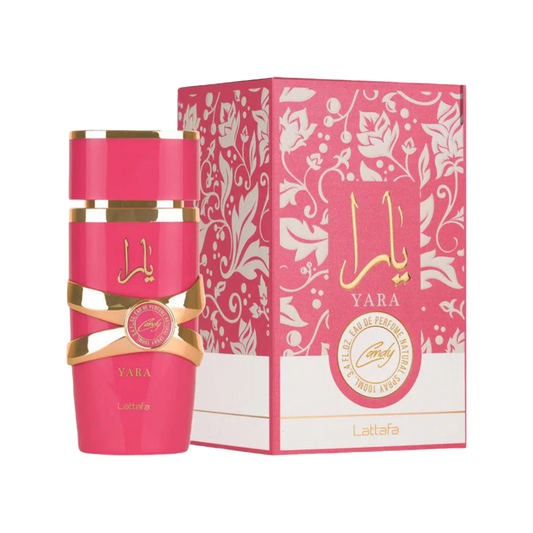 Lattafa Yara Candy Pink perfume bottle and packaging with 'Yara' branding on a white background