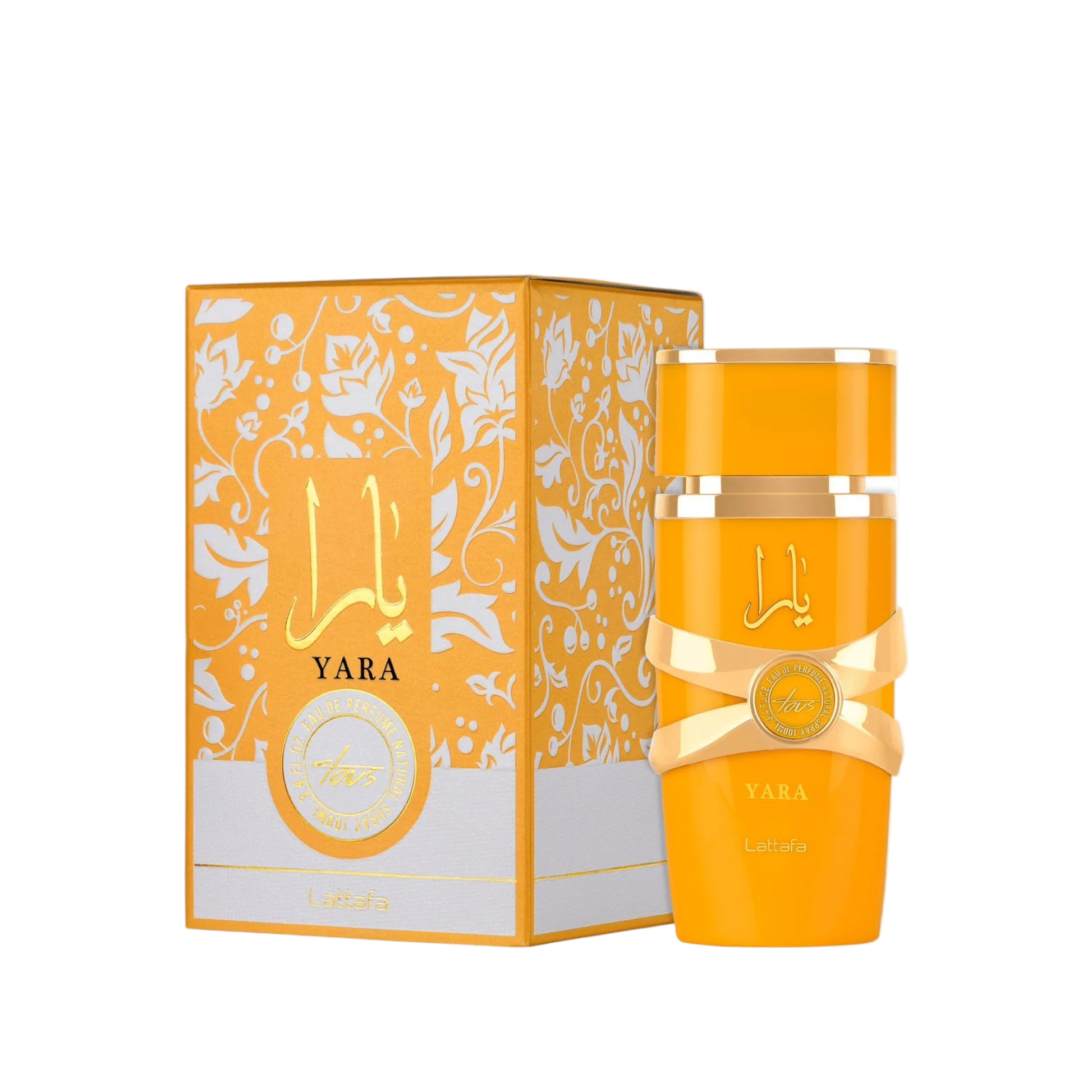 Lattafa Yara Tous perfume bottle and packaging on a white background