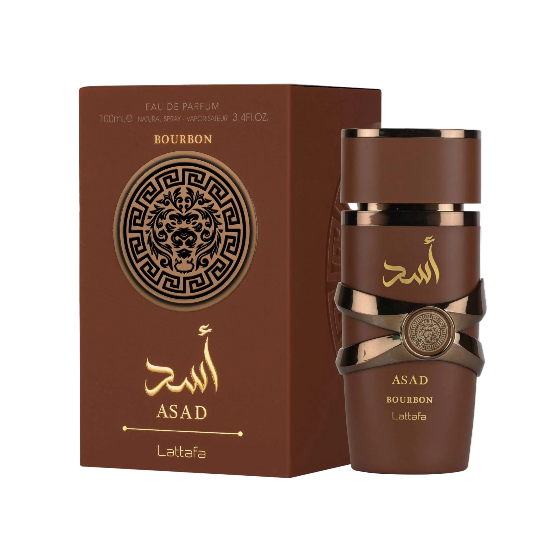 Lattafa Asad Bourbon Brown perfume bottle and packaging with gold accents on a white background