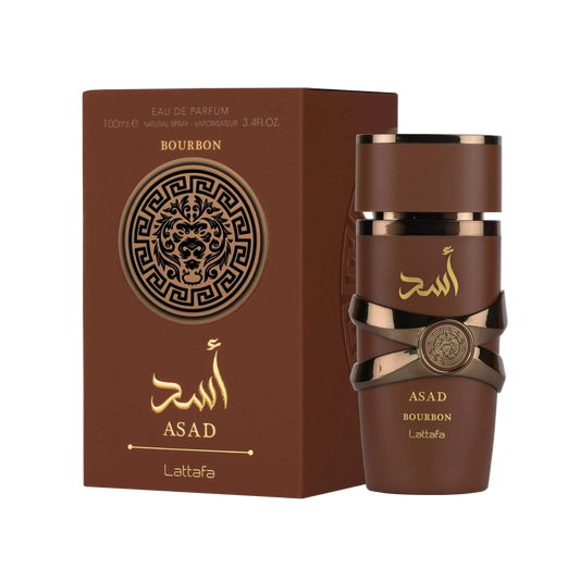 Lattafa Asad Bourbon Brown perfume bottle and packaging with gold accents on a white background