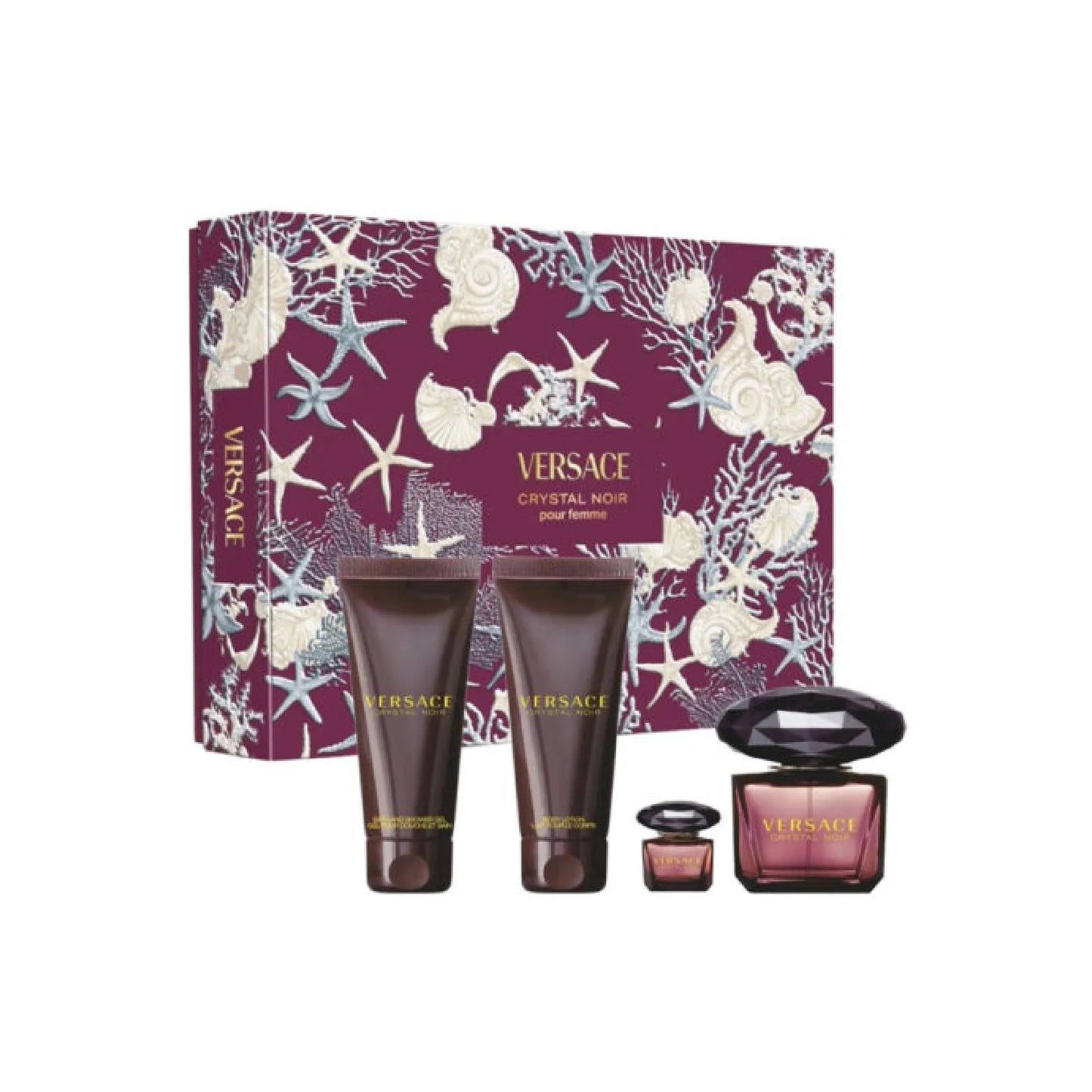 Versace Crystal Noir perfume set with packaging on a white background