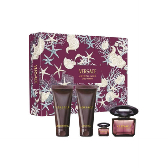 Versace Crystal Noir perfume set with packaging on a white background