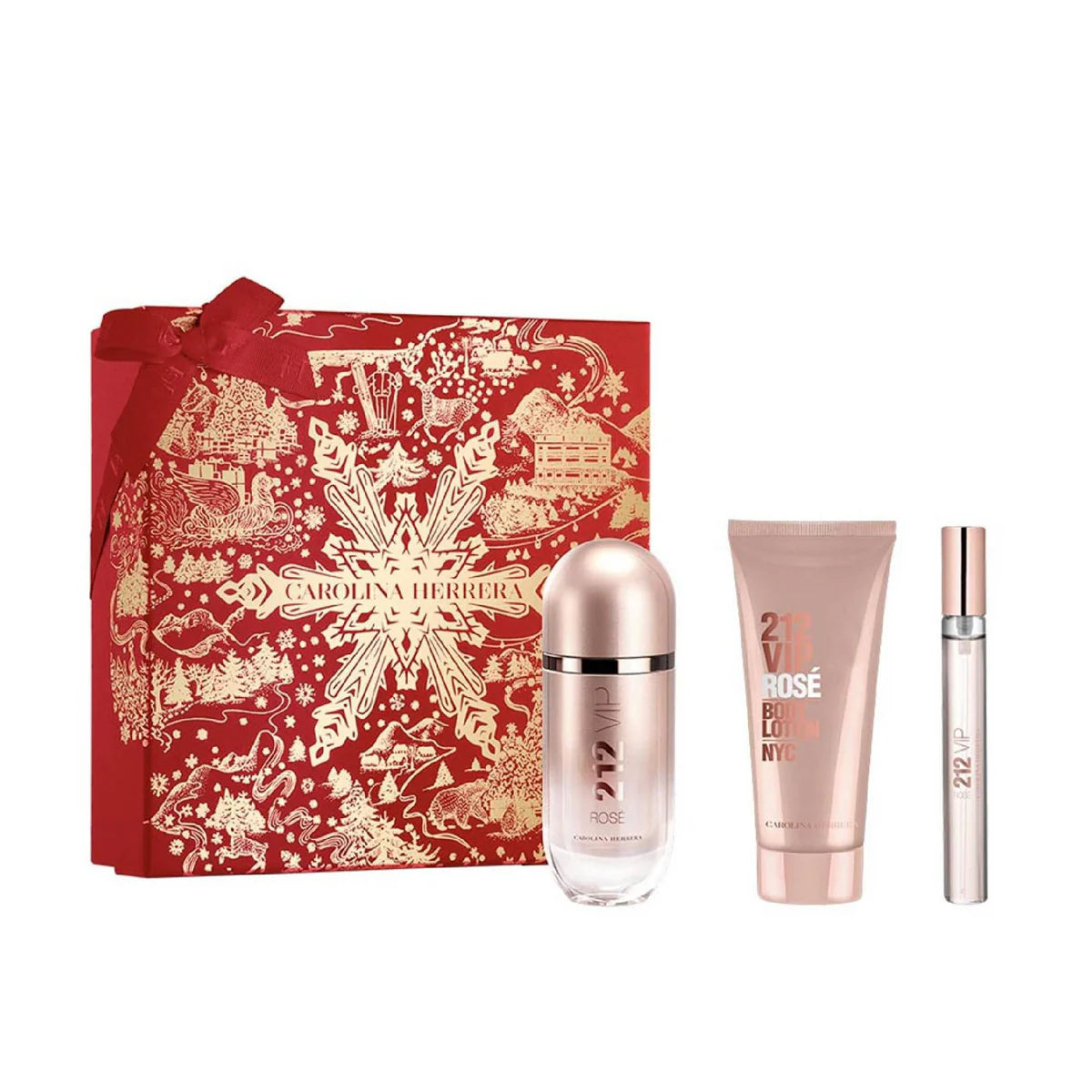 Carolina Herrera 212 VIP Rosé beauty set with a decorative box on a white background