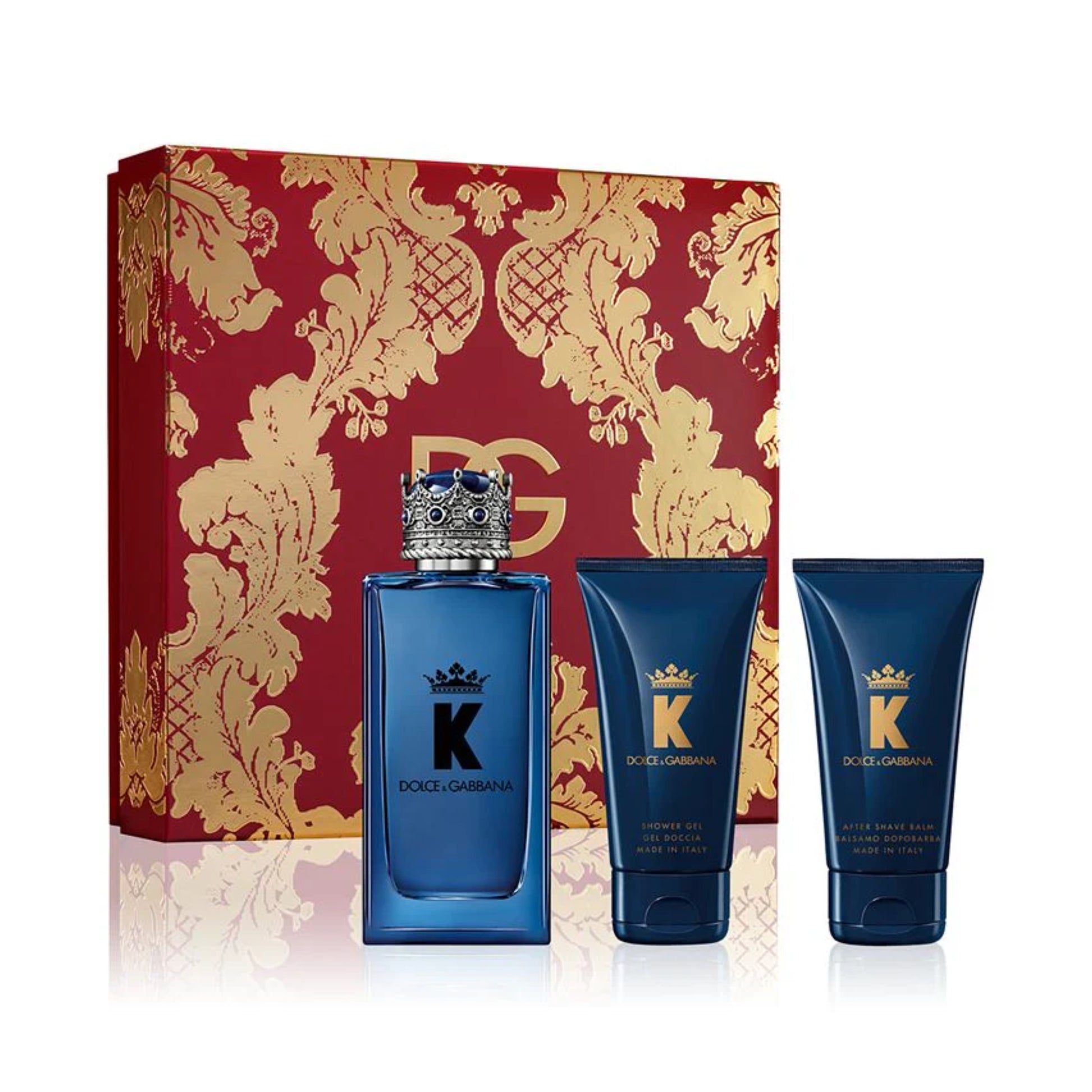 Dolce & Gabbana K men's perfume set with blue bottles and a decorative red and gold box.