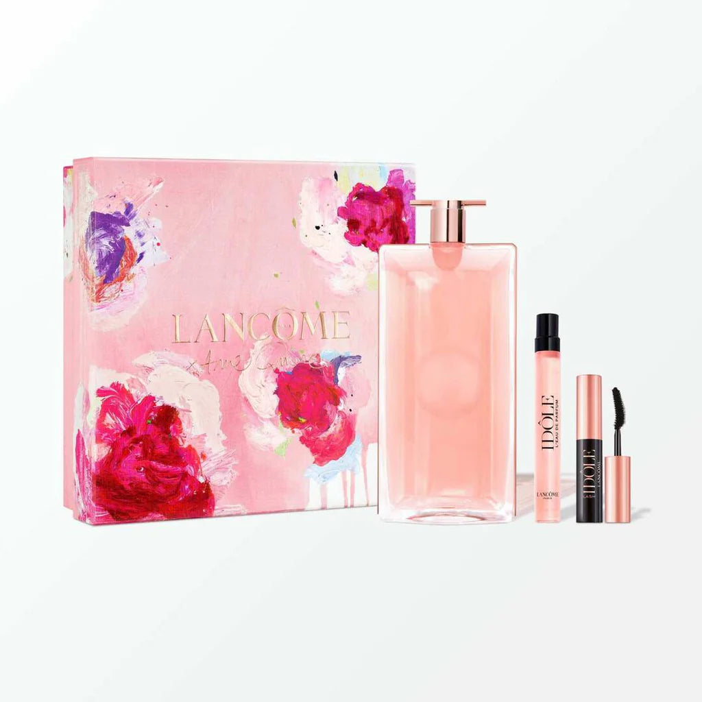 Lancôme Idôle perfume set with floral packaging on a white background
