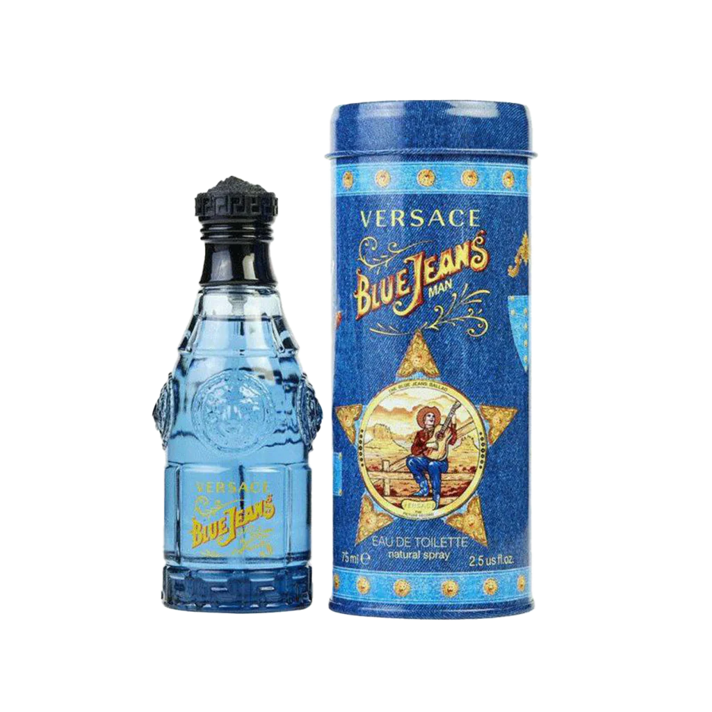 Versace Blue Jeans perfume bottle and packaging on a white background