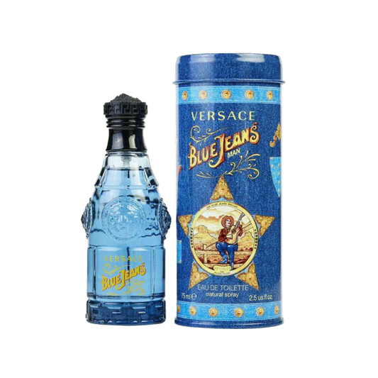Versace Blue Jeans perfume bottle and packaging on a white background