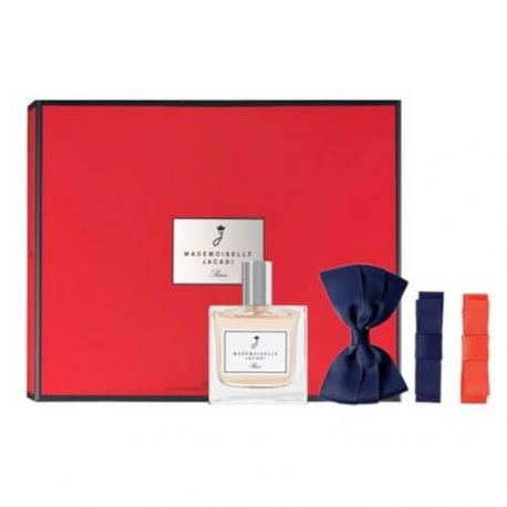 Jacadi Perfume set with a red box, bow, and small bottles on a white background