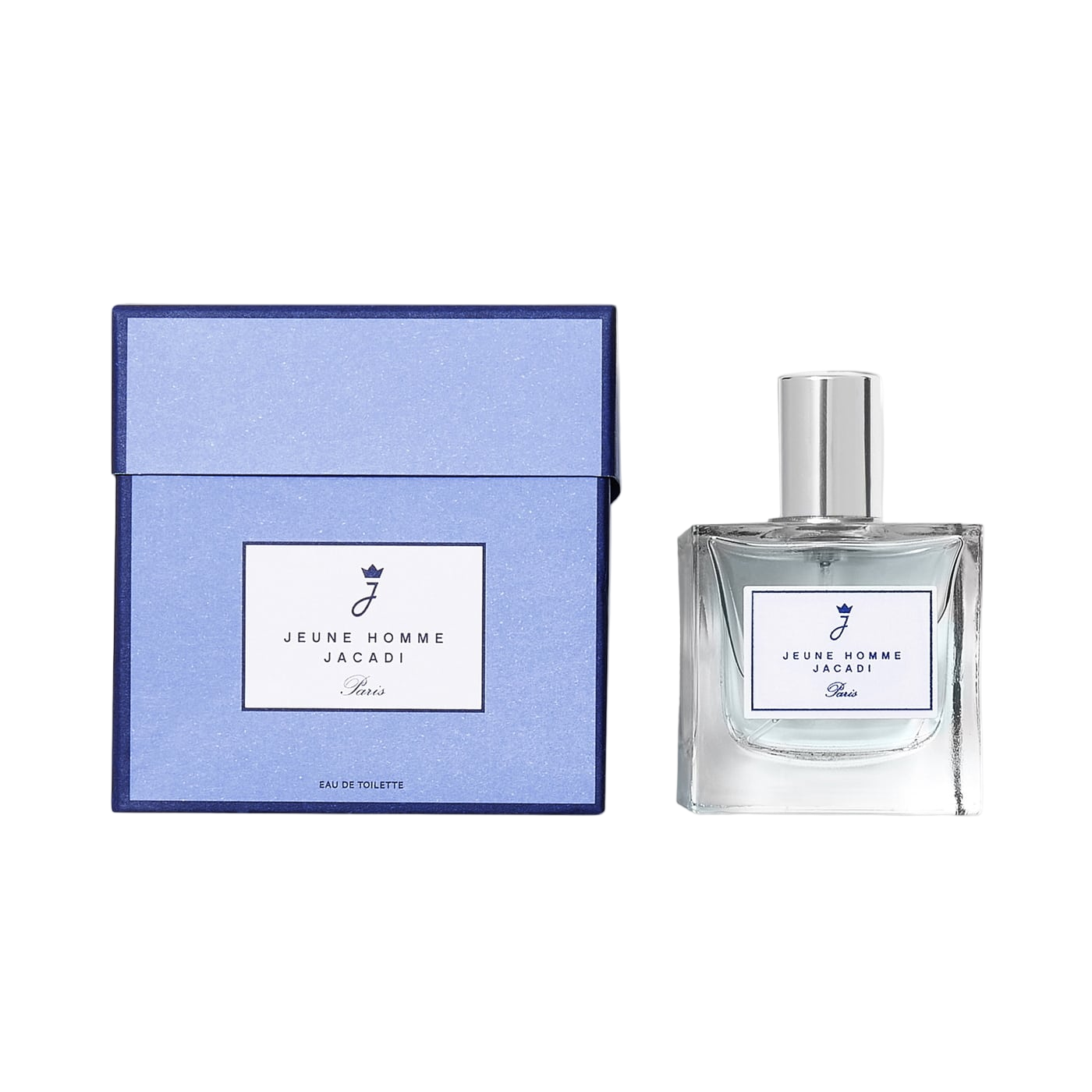 Perfume bottle and packaging of 'Jeune Homme Jacadi' on a white background