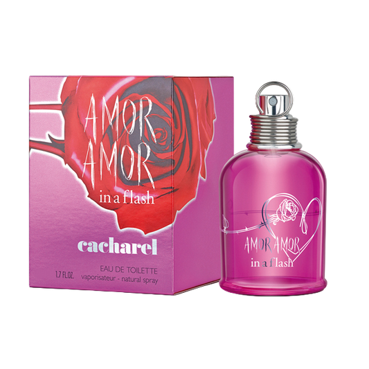Cacharel Amor Amor in a Flash perfume bottle and packaging on a white background
