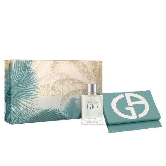 Armani perfume set with box and towel on a white background