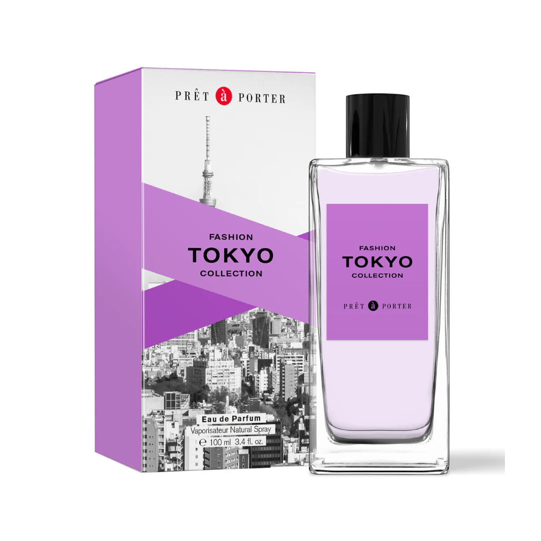 Perfume bottle and packaging of 'Fashion Tokyo Collection' by Prét à Porter on a white background