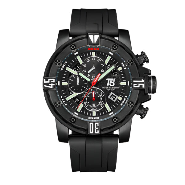 T5 Watch with Black wristwatch with detailed face on a white background