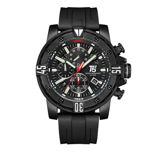 T5 Watch with Black wristwatch with detailed face on a white background