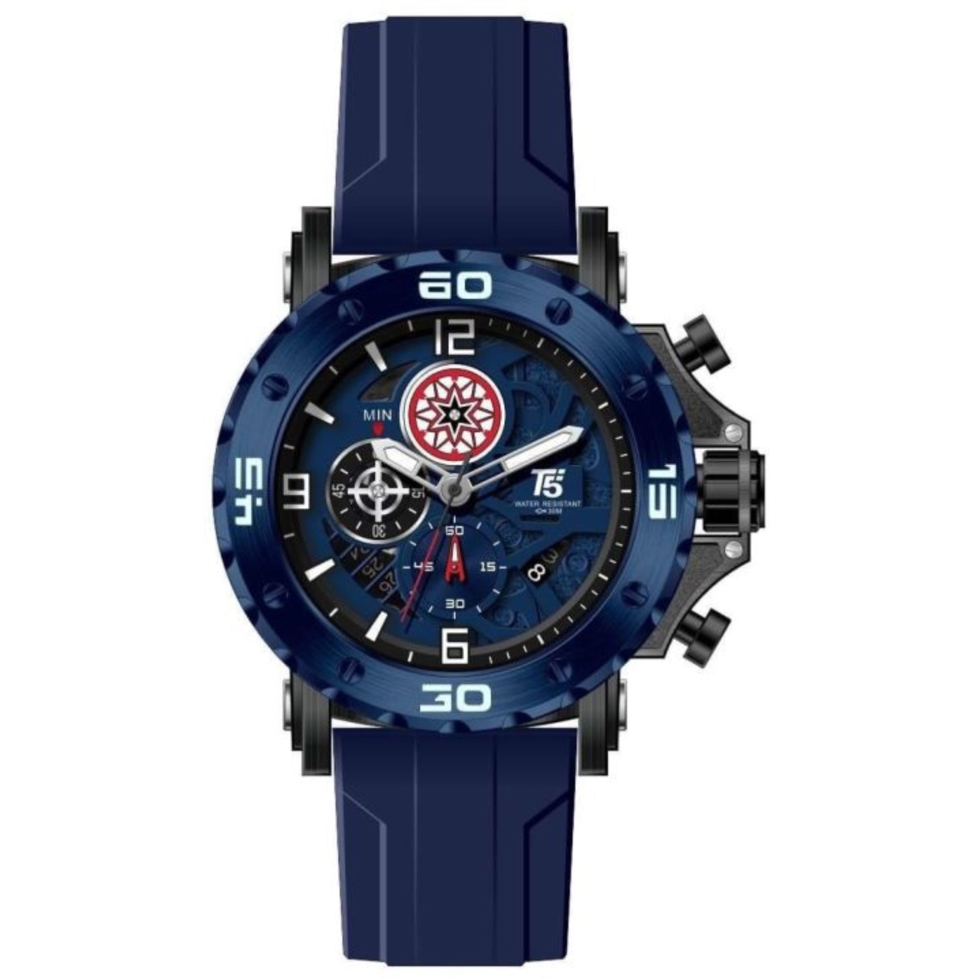 T5 watch with navy Blue watch with detailed face on a white background