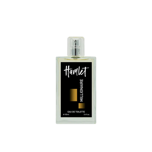 Perfume bottle labeled 'Hamlet Millionaire' on a white background