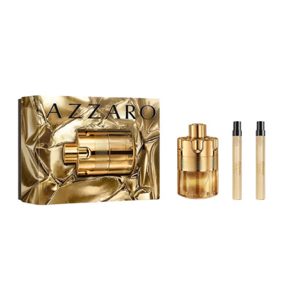 Azzaro perfume set with gold packaging on a white background