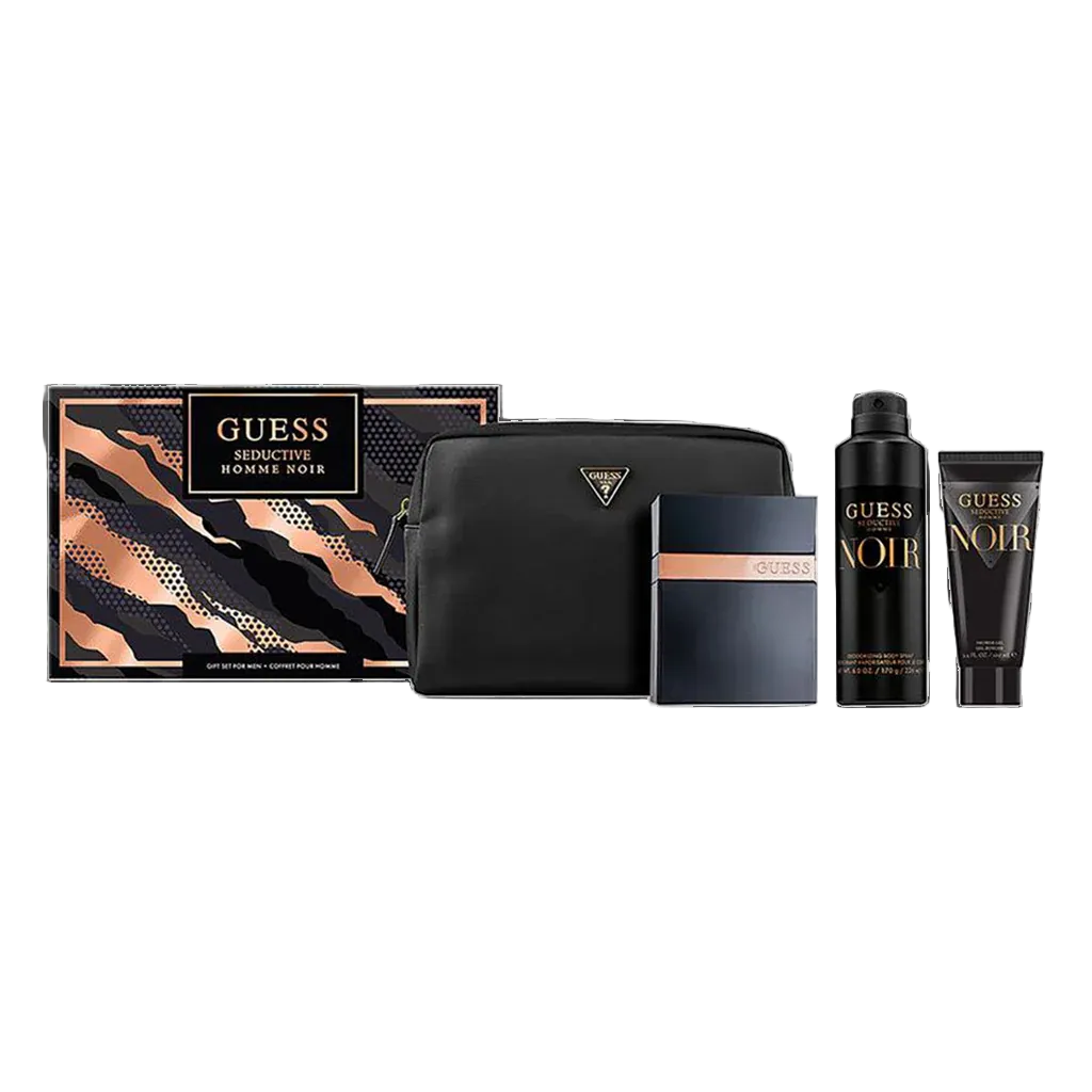 Guess Seductive Homme Noir gift set featuring a patterned box, a black toiletry bag, a dark blue and black perfume bottle, a black body spray bottle, and a black body wash tube on a white background.