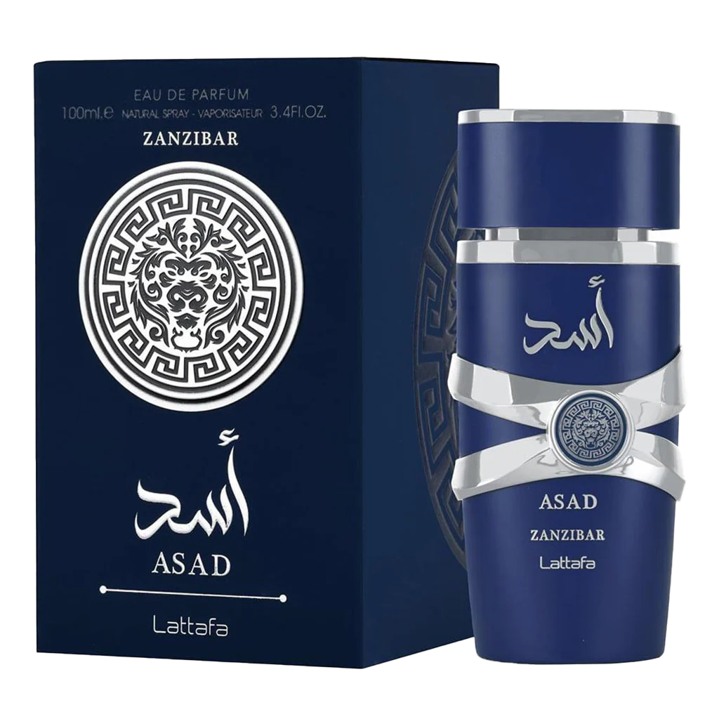 Blue perfume bottle and packaging with 'Lattafa ASAD Zanzibar' branding on a white background