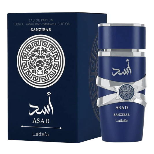 Blue perfume bottle and packaging with 'Lattafa ASAD Zanzibar' branding on a white background