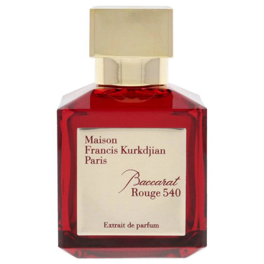 Red perfume bottle with gold cap featuring Maison Francis Kurkdjian Baccarat Rouge 540 branding on a white background