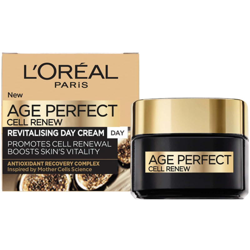 L'Oreal Paris Age Perfect Cell Renew cream jar and packaging on a white background