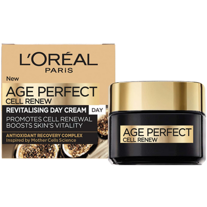 L'Oreal Paris Age Perfect Cell Renew cream jar and packaging on a white background