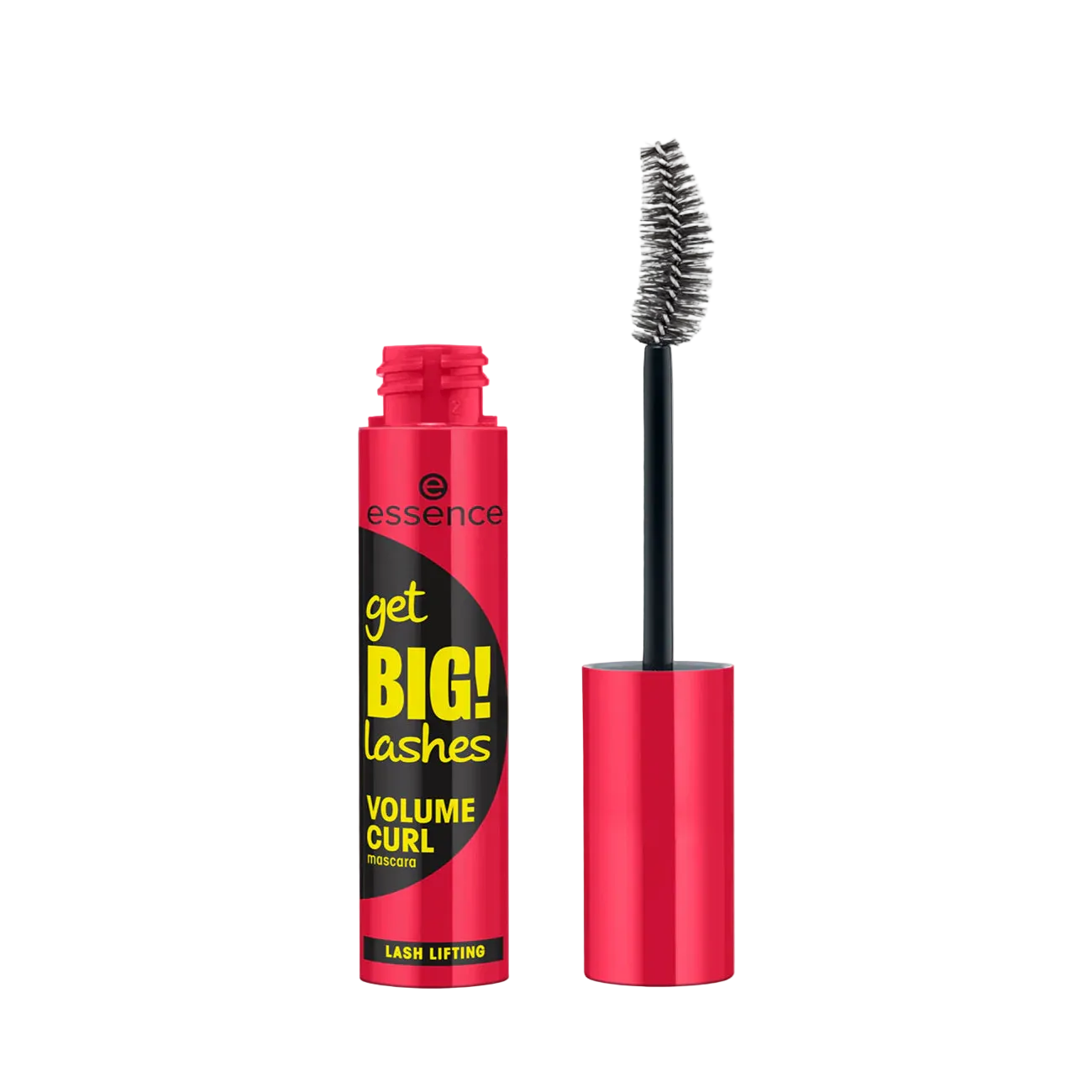 Essence Mascara with red casing and black brush on a white background