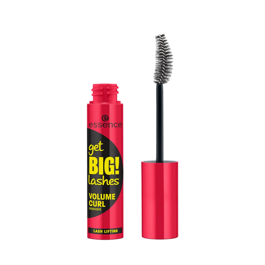 Essence Mascara with red casing and black brush on a white background