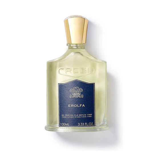 Creed Erolfa perfume bottle with gold cap on a white background
