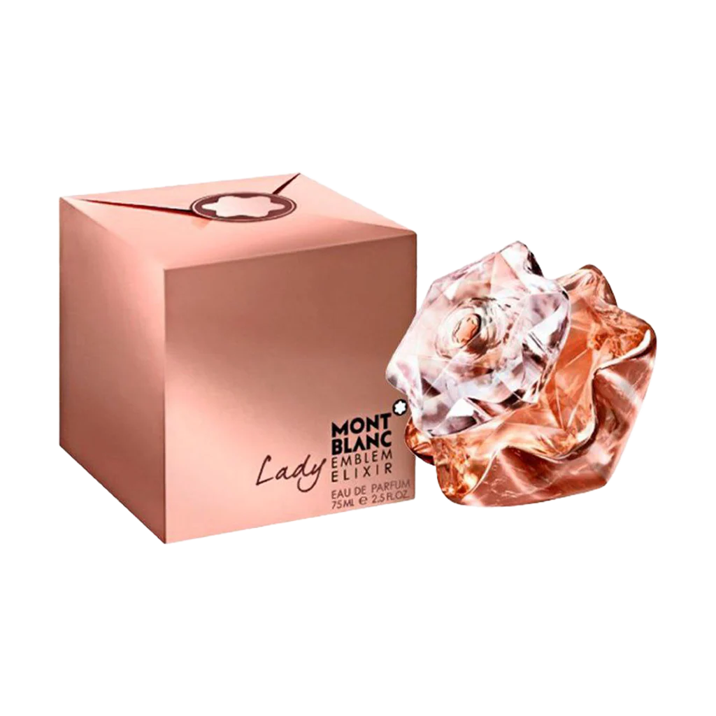 Mont Blanc Lady Emblem Elixir Eau de Parfum shown with its metallic rose-gold box and the faceted rose-shaped perfume bottle on a white background.
