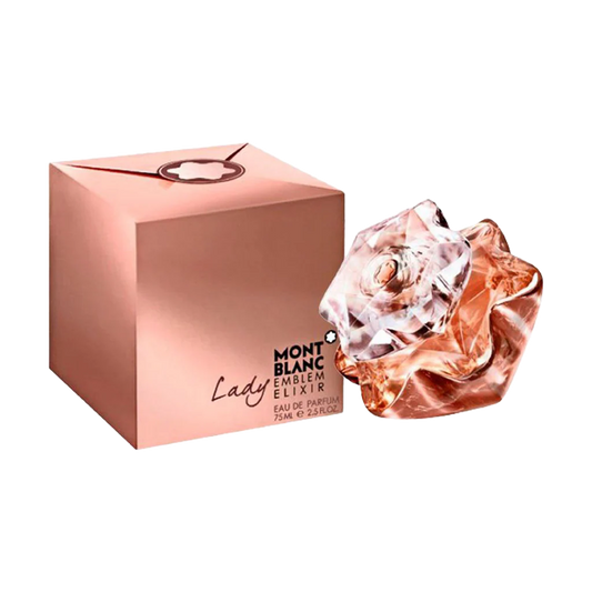 Mont Blanc Lady Emblem Elixir Eau de Parfum shown with its metallic rose-gold box and the faceted rose-shaped perfume bottle on a white background.