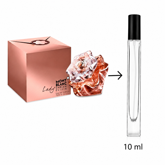 Montblanc Lady Emblem Elixir perfume shown with its metallic rose-gold box, a faceted rose-shaped bottle, and a 10 ml clear glass atomizer spray tube with a black cap on a white background.