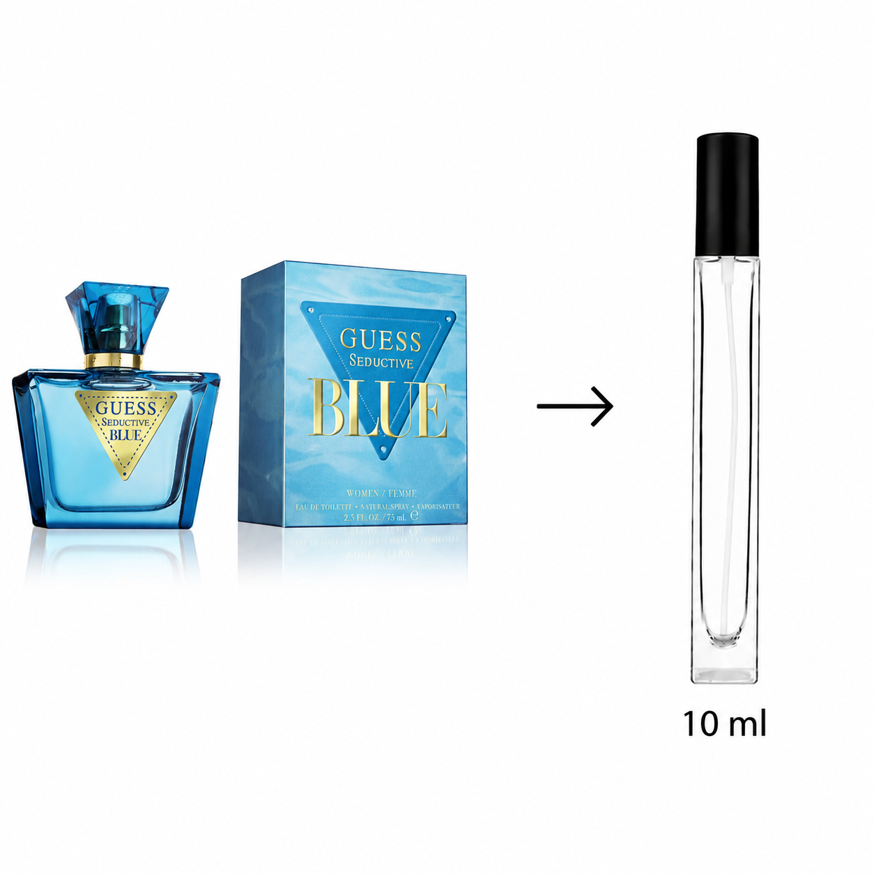 Guess Scentify Blue perfume shown with its blue box and a 10 ml clear sample spray bottle on a white background.