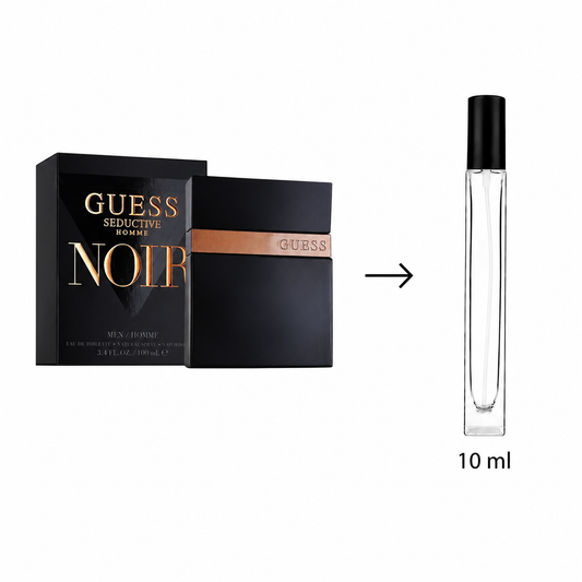 Guess Seducing Noir Homme perfume shown with its black retail box, a matching black spray bottle with a gold band, and a separate clear 10 ml travel atomizer bottle on a white background.