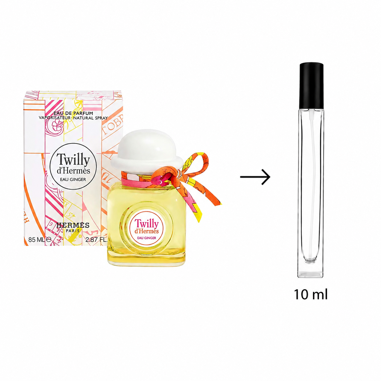 Twilly d'Hermès Eau Ginger perfume shown with its original 55 ml box, a small 10 ml travel atomizer bottle, and an arrow indicating the travel size.